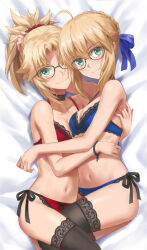 Rule 34 | 2girls, ahoge, artoria pendragon (all), artoria pendragon (fate), bare shoulders, blonde hair, blue ribbon, braid, breasts, fate/apocrypha, fate/stay night, fate (series), french braid, glasses, green eyes, hair bun, hair ribbon, highres, long hair, looking at viewer, medium breasts, mordred (fate), mordred (fate/apocrypha), multiple girls, parted bangs, ponytail, ribbon, saber (fate), sidelocks, small breasts, smile, tonee