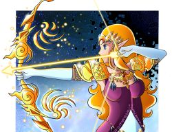 Rule 34 | 1girl, arrow (projectile), blonde hair, blue eyes, bow (weapon), drawing bow, elbow gloves, gloves, holding bow (weapon), nintendo, pointy ears, princess zelda, solo, the legend of zelda, the legend of zelda: twilight princess, weapon