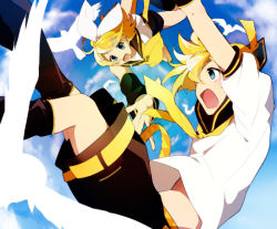 Rule 34 | 1boy, 1girl, bad id, bad pixiv id, bird, blonde hair, blue eyes, brother and sister, day, detached sleeves, falling, hirococo, kagamine len, kagamine rin, shorts, siblings, sky, twins, vocaloid