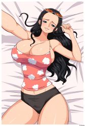 Rule 34 | 1girl, absurdres, arm up, black hair, black panties, blue eyes, blush, breasts, cleavage, commission, eyebrows, eyewear on head, floral print, highres, large breasts, lips, long hair, looking at viewer, lying, naughty face, nico robin, on back, on bed, one piece, panties, pink shirt, shirt, simmsy, spaghetti strap, sunglasses, sweat, sweatdrop, thick thighs, thighs, underwear