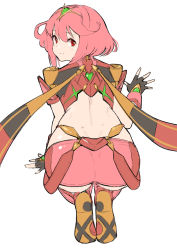 Rule 34 | 1girl, black gloves, closed mouth, fingerless gloves, from behind, full body, gloves, green322, hair between eyes, hand up, highres, kneeling, looking at viewer, looking back, nintendo, pink hair, pink shorts, pyra (xenoblade), red eyes, short hair, short shorts, shorts, simple background, smile, solo, tiara, white background, xenoblade chronicles (series), xenoblade chronicles 2