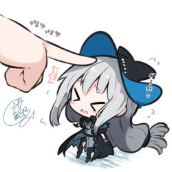 Rule 34 | &gt; &lt;, 1girl, 1other, ^^^, absurdly long hair, arknights, beni shake, black gloves, black headwear, black jacket, black pants, blush stickers, chibi, closed eyes, flying sweatdrops, gloves, grey hair, grey shirt, hat, index finger raised, jacket, long hair, low-tied long hair, open mouth, out of frame, pants, poking, shirt, signature, skadi (arknights), solo focus, translated, very long hair, wavy mouth, white background