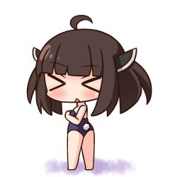 Rule 34 | &gt; &lt;, 1girl, :&lt;, ahoge, bare arms, bare legs, bare shoulders, barefoot, blue leotard, blush, brown hair, rabbit tail, chibi, closed eyes, facing viewer, full body, hana kazari, hands up, headgear, leotard, long hair, parted lips, playboy bunny, red eyes, solo, strapless, strapless leotard, tail, touhoku kiritan, triangle mouth, voiceroid, white background