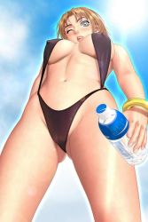 Rule 34 | 1girl, bikini, blue eyes, blush, bottle, bracelet, breasts, cameltoe, cloud, covered erect nipples, day, drink, eyelashes, from below, game cg, groin, jewelry, large breasts, lens flare, light rays, lips, lipstick, looking at viewer, looking down, makeup, mifune seren, navel, one eye closed, open mouth, orange hair, outdoors, parted bangs, short hair, sideboob, sister mermaid, sky, slingshot swimsuit, solo, standing, string bikini, sun, sunbeam, sunlight, swimsuit, thighs, transparent, tsukasa jun, underboob, water, water bottle, wink