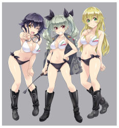 Rule 34 | 10s, 3girls, ;d, adapted costume, anchovy (girls und panzer), bikini, black hair, blonde hair, boots, braid, breasts, brown eyes, carpaccio (girls und panzer), cleavage, collarbone, drill hair, full body, girls und panzer, goggles, goggles around neck, green eyes, green hair, grey background, grin, hair over breasts, hand on own hip, hand on own chest, hand on own thigh, highres, italian flag, jacket, jacket on shoulders, knee boots, large breasts, leaning forward, long hair, multiple girls, nagayori, navel, one eye closed, open mouth, pepperoni (girls und panzer), riding crop, short hair, side-tie bikini bottom, side braid, simple background, smile, swimsuit, twin drills, twintails, yellow eyes