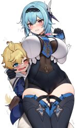 Rule 34 | 1boy, 1girl, age difference, between thighs, black hairband, blonde hair, blue eyes, blue hair, blush, breast rest, breasts, breasts on head, cheek pinching, curvy, eula (genshin impact), genshin impact, gloves, hair between eyes, hair ornament, hairband, height difference, large breasts, long sleeves, medium hair, mika (genshin impact), ndgd, pinching, pregnancy test, short hair, size difference, tall female, thick thighs, thigh grab, thighhighs, thighs, wide hips, yellow eyes