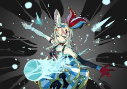 Rule 34 | 1girl, animal ear fluff, animal ears, blonde hair, blue bow, bow, breasts, closed eyes, collarbone, elbow gloves, fox ears, fox girl, gloves, hair bow, hat, hololive, hololive alternative, jester cap, leaning back, magic, mochizuki maya, omaru polka, omaru polka (1st costume), open hands, red gloves, single elbow glove, single glove, skirt, small breasts, solo, striped clothes, striped skirt, virtual youtuber