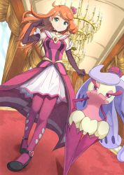 Rule 34 | 1girl, absurdres, alternate color, black choker, breasts, chandelier, choker, closed mouth, creatures (company), crown, dress, elbow gloves, floating hair, full body, game freak, gen 7 pokemon, gloves, green eyes, hair down, hallway, hand up, heart, highres, indoors, long hair, looking at viewer, medium breasts, mini crown, negimiso1989, nintendo, official alternate costume, orange hair, pantyhose, pendant choker, pink dress, pink pantyhose, pokemon, pokemon (creature), pokemon masters ex, shiny pokemon, smile, sonia (pokemon), sonia (special costume) (pokemon), tsareena, walking, window