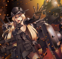 Rule 34 | 10s, 1girl, bismarck (kancolle), black gloves, blonde hair, breasts, cannon, donarudo, gloves, hat, highres, kantai collection, long hair, open mouth, outstretched arm, sideboob, solo, turret