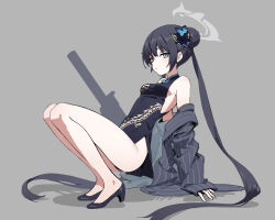 Rule 34 | 1girl, arm support, black dress, black footwear, black hair, blue archive, breasts, butterfly hair ornament, chunrijun (springer), double bun, dress, full body, grey background, grey eyes, grey jacket, hair bun, hair ornament, halo, high heels, jacket, kisaki (blue archive), long hair, looking at viewer, medium breasts, off shoulder, open clothes, open jacket, parted lips, pinstripe pattern, shadow, shoes, sleeveless, sleeveless dress, solo, striped, twintails, very long hair