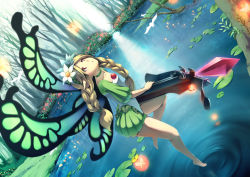 Rule 34 | 1girl, bare legs, barefoot, bird, blonde hair, bow (weapon), braid, brown eyes, bug, butterfly, butterfly wings, choker, crossbow, crystal, dutch angle, fairy, feet, floating, flower, forest, green eyes, hair flower, hair ornament, headdress, insect, insect wings, lake, lily pad, long hair, looking up, mercedes (odin sphere), nature, odin sphere, perspective, pointy ears, pond, puff and slash sleeves, puffy shorts, puffy sleeves, ripples, scenery, shorts, solo, tree, twin braids, weapon, wings, yoshino ryou