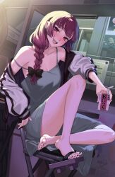 Rule 34 | 1girl, :d, alcohol, alcohol carton, barefoot, black bow, black jacket, black nails, blush, bocchi the rock!, bow, braid, breasts, cleavage, dress, earrings, feet, feet on chair, fingernails, geta, green dress, hair bow, hair over shoulder, head tilt, highres, hiroi kikuri, holding carton, indoors, jacket, jewelry, knee up, legs, looking at viewer, low-braided long hair, low-tied long hair, medium breasts, multicolored clothes, multicolored jacket, nail polish, off shoulder, on chair, open clothes, open jacket, open mouth, purple eyes, purple hair, radiostarkiller, sharp teeth, shoe dangle, shoes, single braid, single earring, single shoe, sitting, smile, solo, strap slip, stud earrings, teeth, toenail polish, toenails, toes, two-tone jacket, upper teeth only, white jacket