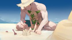 Rule 34 | 1boy, 1girl, beach, breasts, cleavage, creatures (company), day, flag, furry, furry female, game freak, green one-piece swimsuit, hat, indian style, kneeling, nintendo, ocean, one-piece swimsuit, outdoors, poke ball, pokemon, red eyes, sand, sand castle, sand sculpture, shovel, sitting, size difference, small breasts, smewed, sprigatito, straw hat, swimsuit, white fur