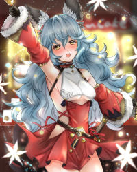 Rule 34 | 1girl, :d, animal ears, arm up, armpits, bad id, bad pixiv id, bell, black gloves, blue hair, blush, breasts, christmas, clothing cutout, cowboy shot, curly hair, detached sleeves, dress, earrings, erune, ferry (granblue fantasy), ferry (santa minidress) (granblue fantasy), fur-trimmed sleeves, fur trim, gloves, granblue fantasy, hair between eyes, holding, holding bell, holding whip, jewelry, long hair, looking at viewer, medium breasts, nakonbu, open mouth, outdoors, red dress, sideless outfit, single earring, smile, solo, teeth, underboob, underboob cutout, upper teeth only, very long hair, yellow eyes