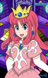Rule 34 | 1girl, absurdres, artist name, blush stickers, commentary request, copyright name, crown, dress, earrings, elbow gloves, gloves, happy, highres, jewelry, jmaster1114, korean commentary, logo, long hair, looking at viewer, mario (series), nintendo, open mouth, pink dress, pink hair, princess shokora, short sleeves, smile, solo, wario land, wario land 4, warioware, white gloves