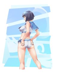 Rule 34 | 1girl, :o, absurdres, ass, bare arms, bare legs, bare shoulders, bikini, bikini bottom only, blue bow, blue bowtie, blush, bow, bowtie, breasts, crop top, cropped legs, from behind, hands on ass, highres, idolmaster, large breasts, lips, nail polish, parted lips, pink nails, profile, purple hair, sailor bikini, sailor collar, sailor swimsuit (idolmaster), shirt, short hair, side-tie bikini bottom, simple background, sleeveless, sleeveless shirt, solo, standing, swimsuit, take.c.ma, white bikini, white shirt