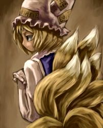 Rule 34 | 1girl, animal hat, blonde hair, expressionless, female focus, fox tail, frills, from behind, hat, hirosato, long sleeves, looking to the side, mob cap, multiple tails, ofuda, mob cap, profile, short hair, solo, tail, touhou, yakumo ran