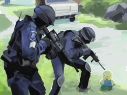 Rule 34 | 2boys, black gloves, blue pants, blue shirt, bush, commentary, doll, english commentary, gloves, goggles, goggles on headwear, grass, gun, helmet, highres, holding, holding gun, holding weapon, knee pads, looking down, mask, modercated, motor vehicle, multiple boys, original, pants, police, rock, shirt, truck, weapon