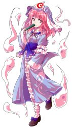Rule 34 | 1girl, alphes (style), dairi, dress, hand fan, full body, ghost, hat, highres, parody, pink eyes, pink hair, saigyouji yuyuko, short hair, smile, solo, style parody, touhou, transparent background, triangular headpiece, wide sleeves