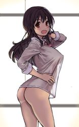Rule 34 | 1girl, ass, black hair, bottomless, breasts, brown eyes, covered erect nipples, cowboy shot, highres, large breasts, long hair, looking at viewer, nipples, open mouth, see-through, shiwasu no okina, smile, solo, standing, transparent