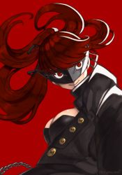 Rule 34 | 1girl, black coat, breasts, chain, cleavage, coat, fumato, hair ribbon, highres, long hair, looking at viewer, mask, medium breasts, open clothes, outstretched arm, persona, persona 5, persona 5 the royal, ponytail, red background, red eyes, red hair, ribbon, selfie, simple background, smile, solo, upper body, yoshizawa kasumi