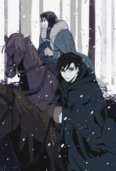 Rule 34 | 2boys, babakun, black cloak, black hair, blue cape, brown eyes, cape, cloak, commentary request, father and son, felix hugo fraldarius, fire emblem, fire emblem: three houses, gloves, grey gloves, highres, horse, korean commentary, looking at viewer, multiple boys, nintendo, rodrigue achille fraldarius, short hair, snow