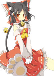 Rule 34 | 1girl, :3, absurdres, animal ears, animal hands, bell, black hair, blush, bow, cat ears, cat tail, collar, cookie (touhou), detached sleeves, dress, fang, fang out, gloves, hair bow, hair ribbon, hair tubes, hakurei reimu, highres, large bow, looking at viewer, neck bell, paw gloves, paw shoes, ribbon, sananana (cookie), shoes, short hair, smile, solo, szk, tail, tail bell, tail ornament, touhou, v arms, yellow eyes