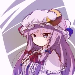 Rule 34 | 1girl, ascot, blue bow, blunt bangs, bow, crescent, crescent hair ornament, dress, embodiment of scarlet devil, expressionless, grey background, hair bow, hair ornament, hat, hat bow, long hair, mob cap, patchouli knowledge, purple dress, purple eyes, purple hair, red bow, red ribbon, ribbon, ryogo, simple background, solo, touhou, upper body