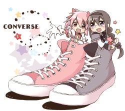 Rule 34 | 10s, 2girls, akemi homura, amaiwashi, bad id, bad pixiv id, black hair, braid, converse, english text, glasses, gloves, kaname madoka, magical girl, mahou shoujo madoka magica, mahou shoujo madoka magica (anime), multiple girls, open mouth, pink hair, red-framed eyewear, shoes, simple background, sneakers, star (symbol), twin braids, twintails, white background