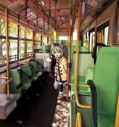 Rule 34 | 1girl, :3, ankle boots, bag, black gloves, boots, borrowed character, breath, brown footwear, bus, bus interior, coat, doitsuken, fang, fur-trimmed boots, fur trim, gloves, grey hair, grocery bag, hair between eyes, highres, jitome, long sleeves, looking at viewer, motor vehicle, original, red eyes, red scarf, scarf, shopping bag, solo, standing, striped clothes, striped scarf, tree, yellow coat