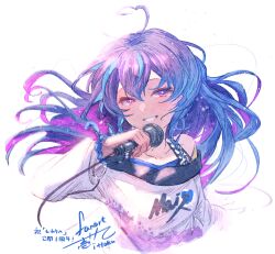 Rule 34 | 1girl, ahoge, alive musix, bare shoulders, blue hair, collarbone, commentary request, cropped torso, floating hair, grin, hair between eyes, heart, heart ahoge, highres, holding, holding microphone, ittokyu, long hair, long sleeves, looking at viewer, mair (alive musix), microphone, off shoulder, puffy long sleeves, puffy sleeves, purple hair, red eyes, shirt, signature, simple background, smile, solo, upper body, virtual youtuber, white background, white shirt