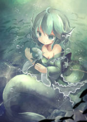 Rule 34 | 1girl, bare shoulders, blue eyes, blue hair, breasts, bubble, chii (tsumami tsumamare), cleavage, collarbone, colored eyelashes, fins, fish, head fins, highres, japanese clothes, kimono, long sleeves, matching hair/eyes, mermaid, monster girl, obi, off shoulder, ribbon, sash, short hair, smile, solo, touhou, underwater, wakasagihime, wide sleeves