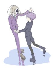 Rule 34 | 2boys, ahoge, blonde hair, boots, collared shirt, commentary request, covered face, dancing, floral print, formal, full body, grey footwear, grey jacket, grey shorts, highres, holding hands, jacket, long hair, long sleeves, looking at another, makoto kagutsuchi, male focus, mask, master detective archives: rain code, multiple boys, necktie, pants, puddle, purple hair, purple jacket, purple pants, shirt, short hair, shorts, simple background, souko 2, standing, suit, sweatdrop, white background, white shirt, yuma kokohead