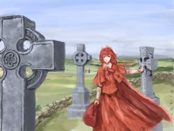 Rule 34 | 1girl, blue sky, capelet, celtic cross, cloud, cross, day, faux traditional media, frown, hand rest, landscape, long sleeves, okazaki yumemi, outdoors, outstretched arm, p! (flaschenstrahlinge), red eyes, red hair, short hair, sideways glance, skirt, skirt set, sky, solo, touhou, touhou (pc-98), wall