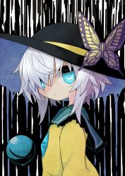Rule 34 | 1girl, asameshi, black hat, blue eyes, bug, butterfly, collared shirt, commentary, from side, grey hair, hat, insect, komeiji koishi, looking at viewer, medium hair, shirt, solo, symbol in eye, third eye, touhou, upper body, yellow shirt