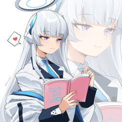 Rule 34 | 1girl, absurdres, blazer, blue archive, blue necktie, blunt bangs, book, coat, collared shirt, commentary request, english text, grey hair, halo, heart, highres, holding, holding book, jacket, long hair, long sleeves, looking away, necktie, noa (blue archive), open clothes, open coat, pinepin, purple eyes, reading, school uniform, shirt, sidelocks, simple background, smile, solo, spoken heart, symbol-shaped pupils, white coat, zoom layer