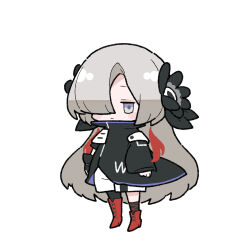 Rule 34 | 1girl, akichi 360, arms at sides, asymmetrical footwear, asymmetrical legwear, asymmetrical sleeves, black coat, black flower, black gloves, black socks, blush, boots, brown hair, chibi, closed mouth, coat, commentary request, expressionless, fingerless gloves, flower, full body, gloves, grey eyes, hair flower, hair ornament, hair over one eye, high collar, high heel boots, high heels, highres, isekai joucho, jitome, kamitsubaki studio, long hair, looking at viewer, multicolored hair, red footwear, red hair, shorts, simple background, single fingerless glove, socks, solo, standing, streaked hair, uneven footwear, uneven legwear, uneven sleeves, very long hair, virtual youtuber, white background, white shorts