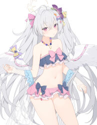 Rule 34 | 1girl, absurdres, ahoge, angel wings, azusa (blue archive), azusa (swimsuit) (blue archive), bare shoulders, bead necklace, beads, bikini, bikini skirt, blue archive, bow, feathered wings, flower, frilled bikini, frills, grey hair, hair bow, hair flower, hair ornament, halo, highres, jewelry, jyt, long hair, looking at viewer, midriff, navel, necklace, off shoulder, official alternate costume, parted lips, pink eyes, solo, stomach, swimsuit, thighs, two-tone bikini, two side up, very long hair, wings