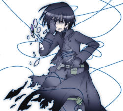 Rule 34 | 00s, 1boy, belt, black gloves, black hair, black jacket, broken mask, clenched teeth, darker than black, gloves, hand on own face, hei (darker than black), jacket, knife, male focus, mask, red eyes, solo, sweat, teeth, torn clothes, weapon, wire