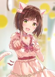 Rule 34 | 10s, 1girl, :d, animal ears, beads, blurry, blush, breasts, brown hair, cat ears, cat tail, cleavage, collar, commentary, depth of field, dress, eyebrows, fang, frilled dress, frills, fukahire (ruinon), green eyes, hair ribbon, idolmaster, idolmaster cinderella girls, index finger raised, koi dance, looking at viewer, maekawa miku, open mouth, pink ribbon, pointing, pointing at viewer, pointing up, ribbon, short hair, smile, solo, striped ribbon, tail