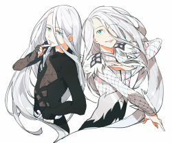 Rule 34 | 10s, 1boy, aged down, androgynous, blue eyes, dual persona, finger to mouth, hair over one eye, hand on own hip, long hair, male focus, silver hair, smile, viktor nikiforov, yanzhan, yuri!!! on ice