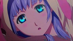 Rule 34 | 10s, 1girl, all fours, animal hat, animated, animated gif, bed, blue eyes, blush, close-up, curtains, female focus, hat, hood, hoodie, indoors, looking at viewer, open mouth, pajamas, pillow, plant, purple hair, shorts, solo, sudou cecil, umetsu yasuomi, window, wizard barristers: benmashi cecil