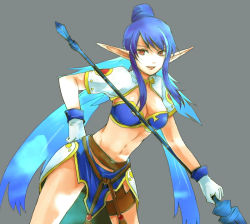 Rule 34 | 00s, 1girl, blue eyes, gloves, grey background, judith (tales), midriff, na s, nazuka (mikkamisaki), pointy ears, polearm, solo, spear, tales of (series), tales of vesperia, weapon, white gloves, yellow eyes