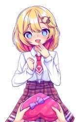 Rule 34 | 1boy, 1girl, :d, aya chan1221, blonde hair, blue eyes, candy, chocolate, chocolate heart, clenched hand, collared shirt, commentary, english commentary, fingers to mouth, food, gift, giving, hair between eyes, hair ornament, heart, highres, hololive, hololive english, long sleeves, looking at viewer, necktie, open mouth, out of frame, plaid, plaid skirt, pov, shirt, short hair, sidelocks, simple background, skirt, smile, surprised, valentine, virtual youtuber, watson amelia, white background, white shirt