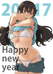 Rule 34 | 1girl, 2017, bra, breasts, brown hair, cameltoe, cleavage, clothes lift, clothes pull, cowboy shot, cutoffs, denim, denim shorts, flipped hair, happy new year, highres, large breasts, leaning forward, long hair, looking at viewer, navel, nekoi mie, new year, open fly, original, panties, pants, pants pull, purple eyes, shirt lift, short shorts, shorts, side-tie panties, simple background, solo, string panties, underboob, underwear, white background, white bra, white panties