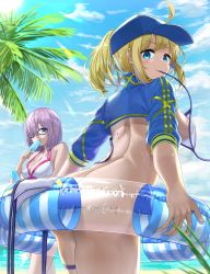Rule 34 | 2girls, artoria pendragon (fate), ass, beach, bikini, blonde hair, blue eyes, blue sky, bottomless, breasts, butt crack, cloud, day, fate/grand order, fate (series), food, hair over one eye, highres, innertube, large breasts, looking at viewer, mash kyrielight, mash kyrielight (swimsuit of perpetual summer), mouth hold, multiple girls, mysterious heroine x (fate), mysterious heroine xx (fate), no panties, noeru, official alternate costume, palm tree, ponytail, popsicle, short hair, shrug (clothing), sideboob, sky, strap gap, swim ring, swimsuit, thighs, tree, untied bikini, unworn bikini bottom