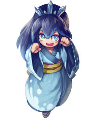Rule 34 | 10s, 1girl, aqua eyes, blue hair, blush, fubukihime, high ponytail, japanese clothes, kimono, long hair, multicolored hair, open mouth, sandals, solo, two-tone hair, white background, yilx, traditional youkai, youkai watch