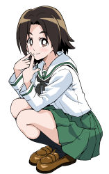 Rule 34 | 1girl, black neckerchief, black socks, blouse, bright pupils, brown eyes, brown footwear, brown hair, closed mouth, commentary, full body, girls und panzer, green skirt, highres, loafers, long sleeves, looking at viewer, miniskirt, neckerchief, ooarai school uniform, parted bangs, pleated skirt, pointing, pointing at self, ponzu rui, sailor collar, sawa azusa, school uniform, serafuku, shirt, shoes, short hair, simple background, skirt, smile, socks, solo, squatting, white background, white pupils, white sailor collar, white shirt