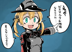 Rule 34 | 10s, 1girl, aqua eyes, bad id, bad pixiv id, blonde hair, blue eyes, cross, empty eyes, gloves, hat, iron cross, kantai collection, long hair, mizuno (okn66), open mouth, peaked cap, pointing, prinz eugen (kancolle), smile, solo, twintails, uniform, wehrmacht, yandere