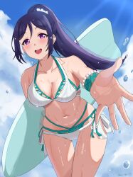 Rule 34 | 1girl, absurdres, bare shoulders, blue hair, breasts, chaso (480), cleavage, highres, looking at viewer, love live!, love live! sunshine!!, matsuura kanan, medium breasts, open mouth, outdoors, ponytail, purple eyes, smile, solo, swimsuit